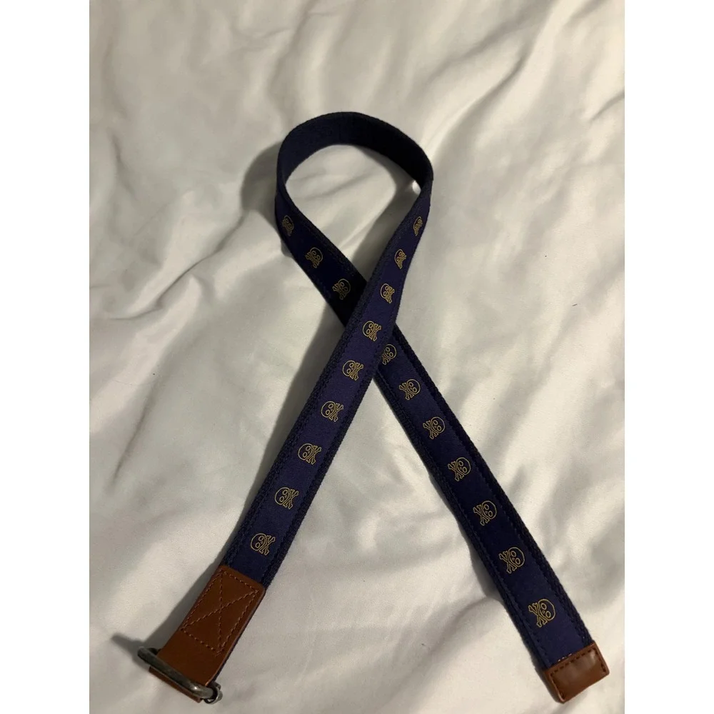 Navy Blue Canvas‎ Web Belt Gold Skull Crossbones Embroidered D-Ring Buckle